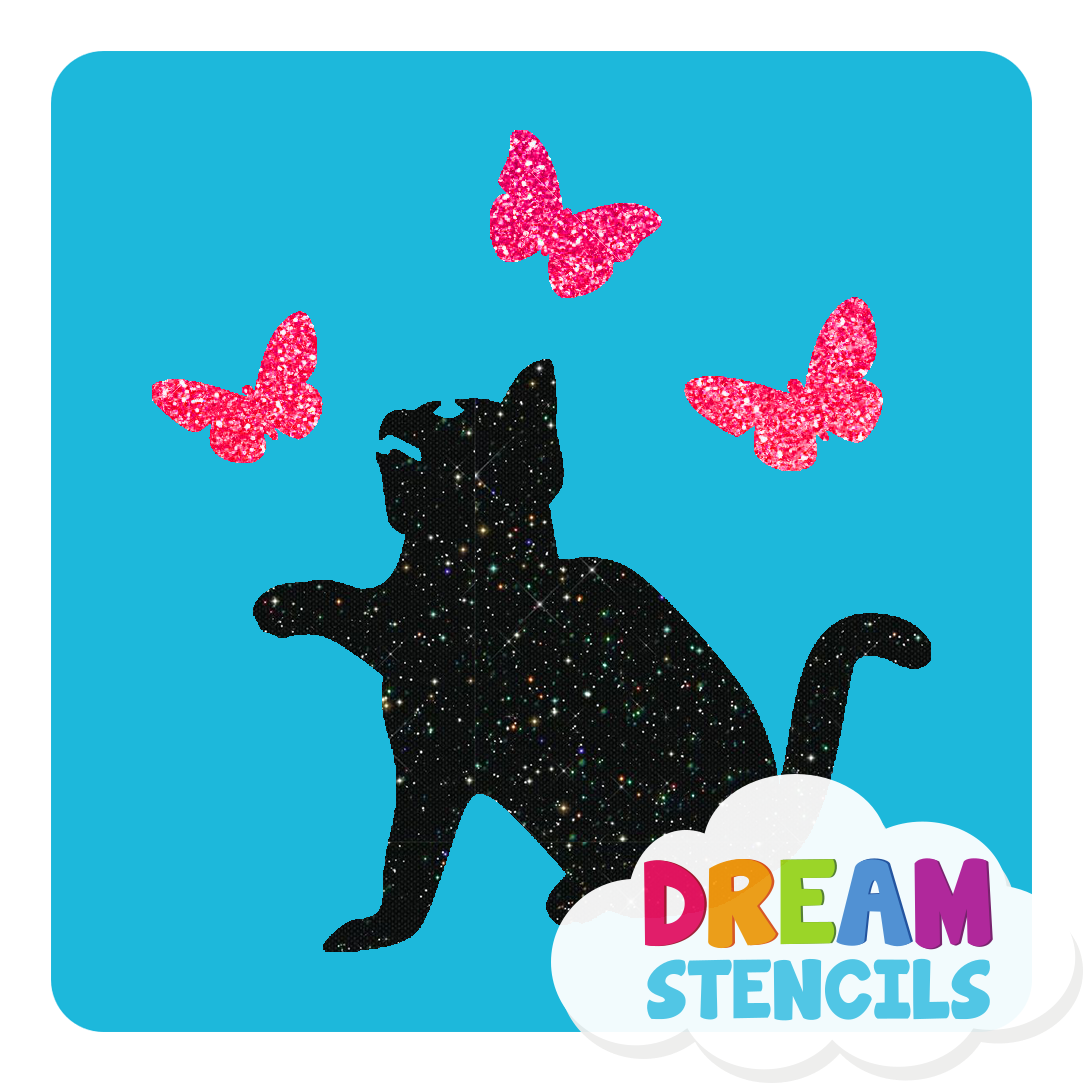Picture of Sitting Cat With Butterflies Glitter Tattoo Stencil - HP-199 (5pc pack)