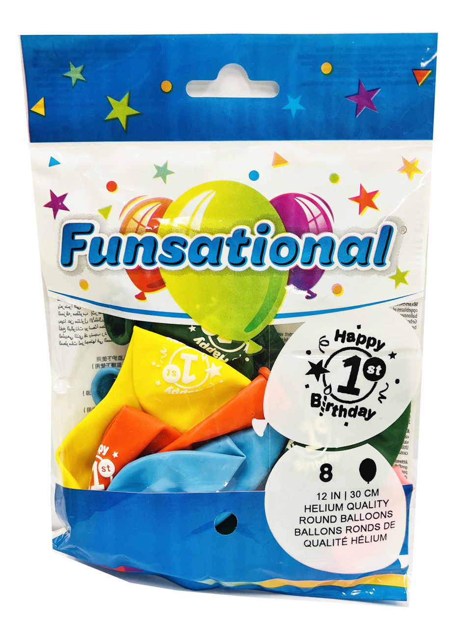 Picture of 12 Inch Funsational Balloons - Happy 1st Birthday (8/Bag Assorted )