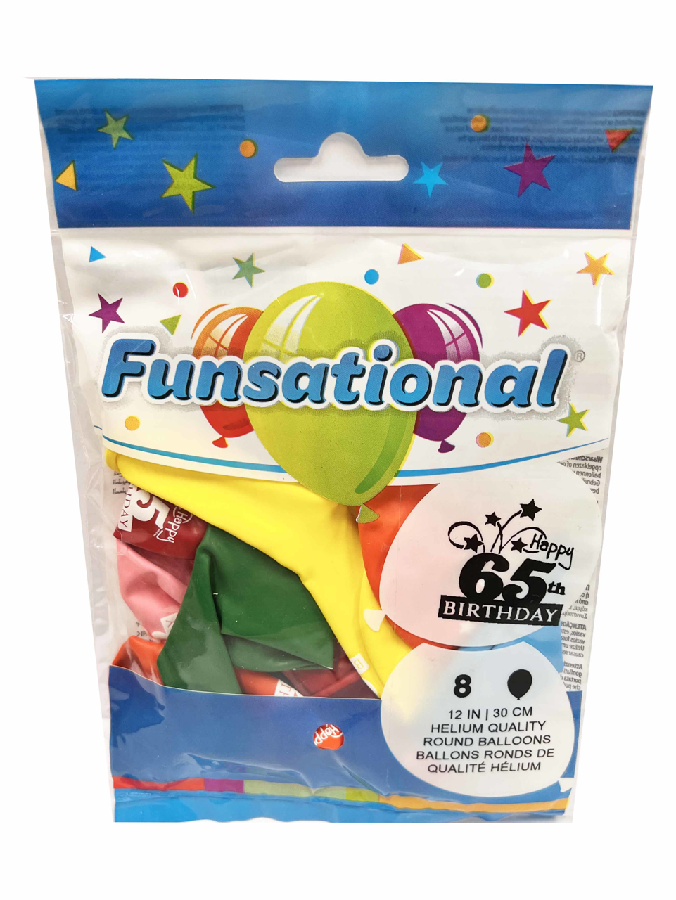 Picture of 12 Inch Funsational Balloons - Happy 65th Birthday (8/Bag Assorted )